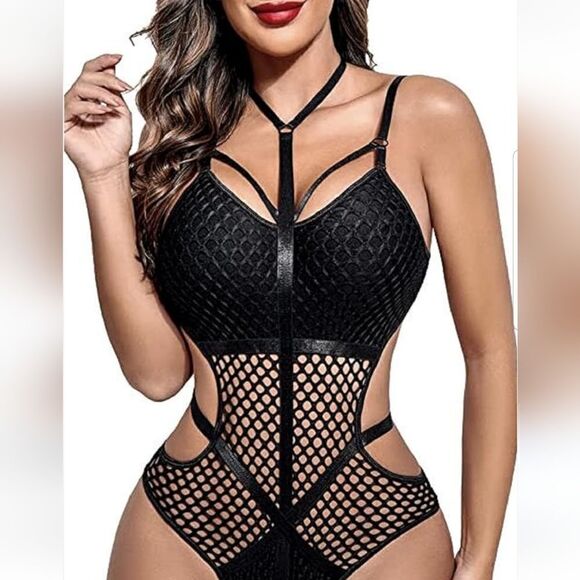 Women Gothic Dark Fishnet Bodycon Sexy Halter Bodysuit Punk Hollow Out    - Picture 4 of 16